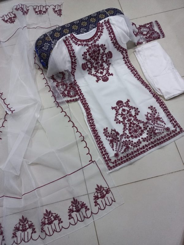 3pcs Front Heavy Embroidery Shirt With Frill Style Embroidered Dupatta