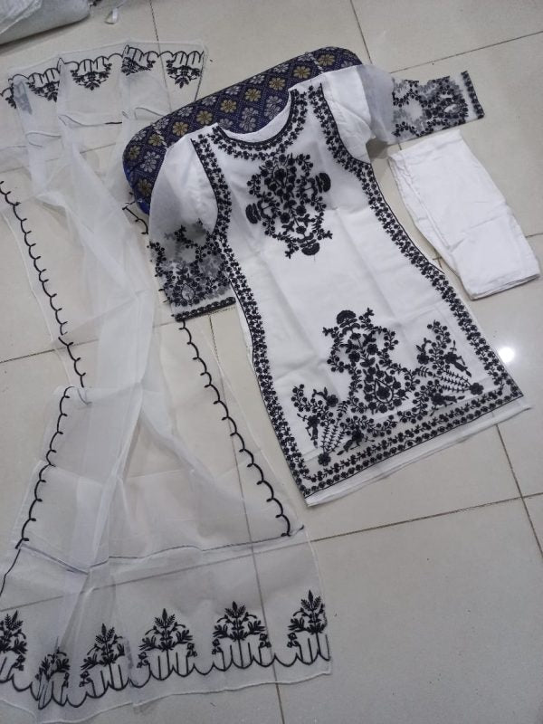 3pcs Front Heavy Embroidery Shirt With Frill Style Embroidered Dupatta